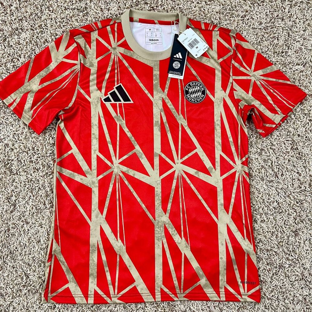 Adidas FC Bayern Munich Pre-Match Soccer Jersey Red Gold JD8335, Men’s Medium
